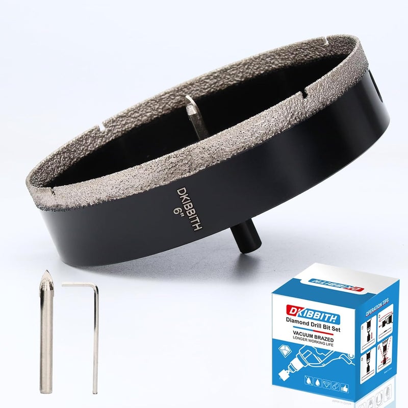DKIBBITH 6" Diamond Hole-Saw Bits with Pilot Drill Bit 6 in Diamond Tipped Tile Hole Saws with Guiding Bit for Accurate Drilling, for Porcelain Tile Ceramic Pottery Granite Stone Glass Bottles 152mm - Image 1